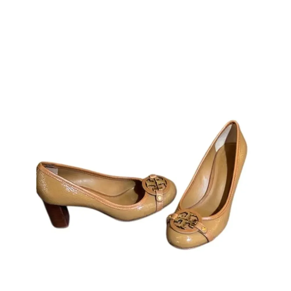 Women’s Tan Patent Leather Block Heel Pumps with Buckle Detail